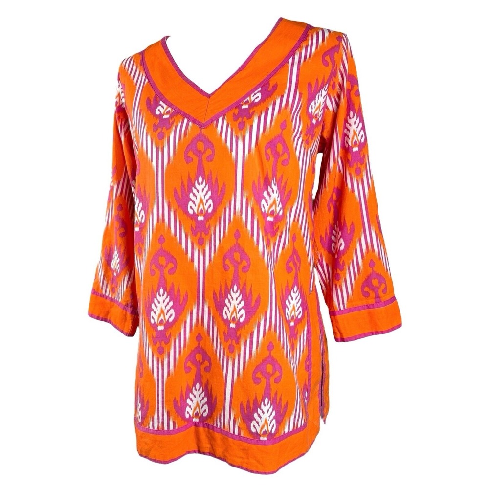 Gretchen Scott Top M Orange Purple Ikat Batik V Neck Cotton Resort Tunic - Picture 4 of 14